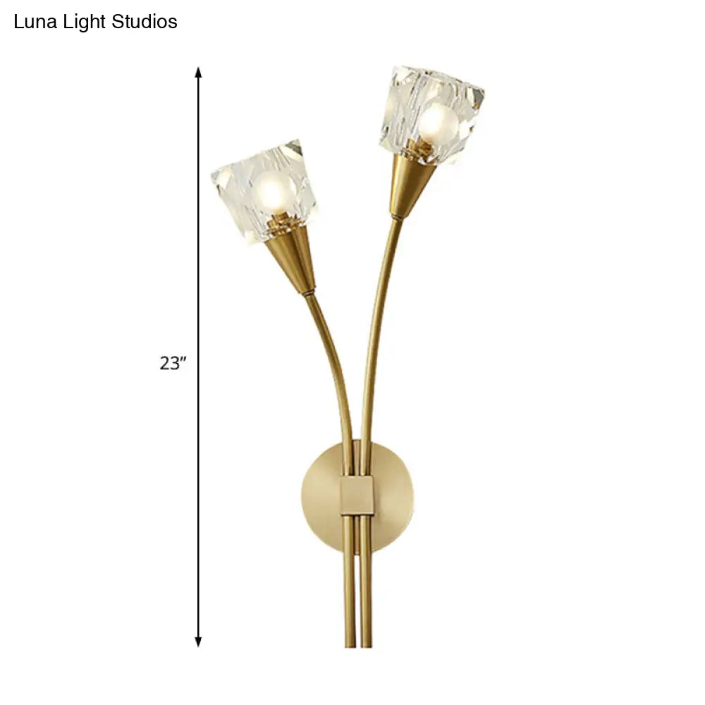 DecorBites™ Contemporary Faceted Crystal Bud Wall Sconce Light - 2 Lights, Brass Finish, Bedroom