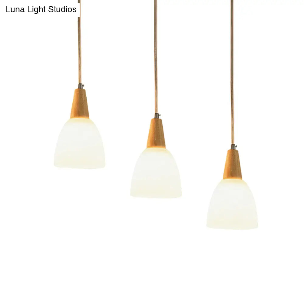 DecorBites™ Contemporary Frosted Glass Dome Pendant: 3-Light Beige Suspension Lamp with Wood Top