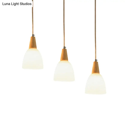 DecorBites™ Contemporary Frosted Glass Dome Pendant: 3-Light Beige Suspension Lamp with Wood Top
