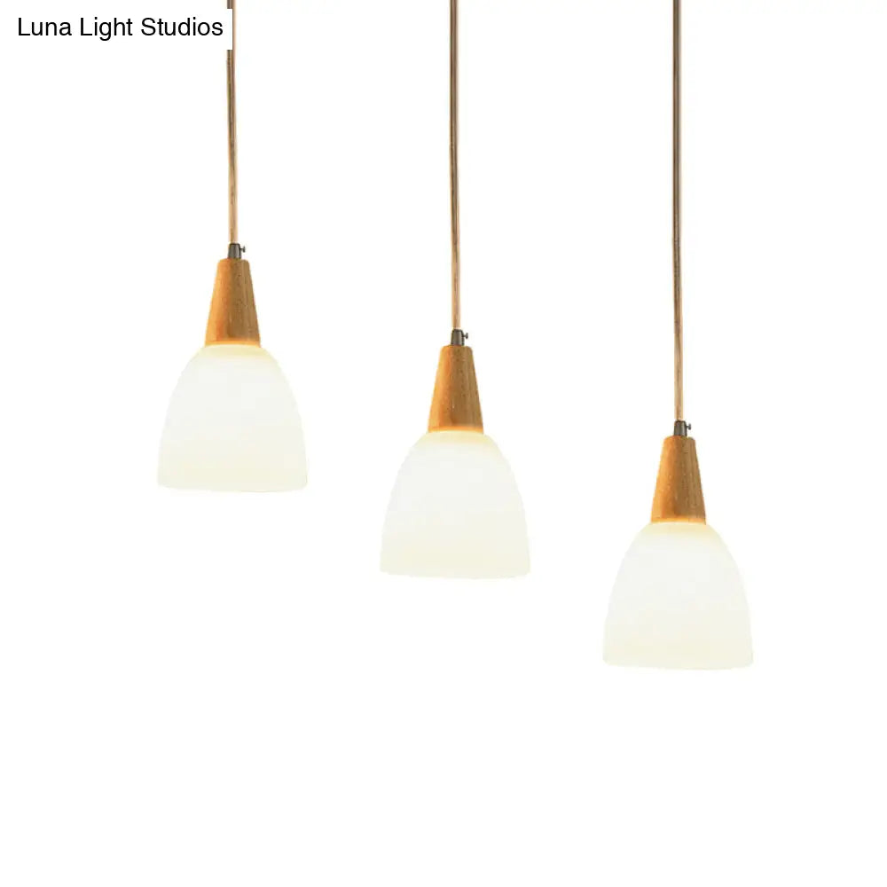 DecorBites™ Contemporary Frosted Glass Dome Pendant: 3-Light Beige Suspension Lamp with Wood Top