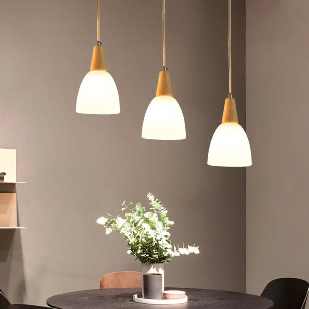 DecorBites™ Contemporary Frosted Glass Dome Pendant: 3-Light Beige Suspension Lamp with Wood Top