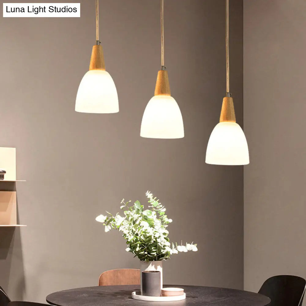 DecorBites™ Contemporary Frosted Glass Dome Pendant: 3-Light Beige Suspension Lamp with Wood Top