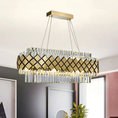 Contemporary gold and clear crystal block oval pendant light dining room