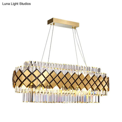 Contemporary gold and clear crystal block oval pendant light dining room