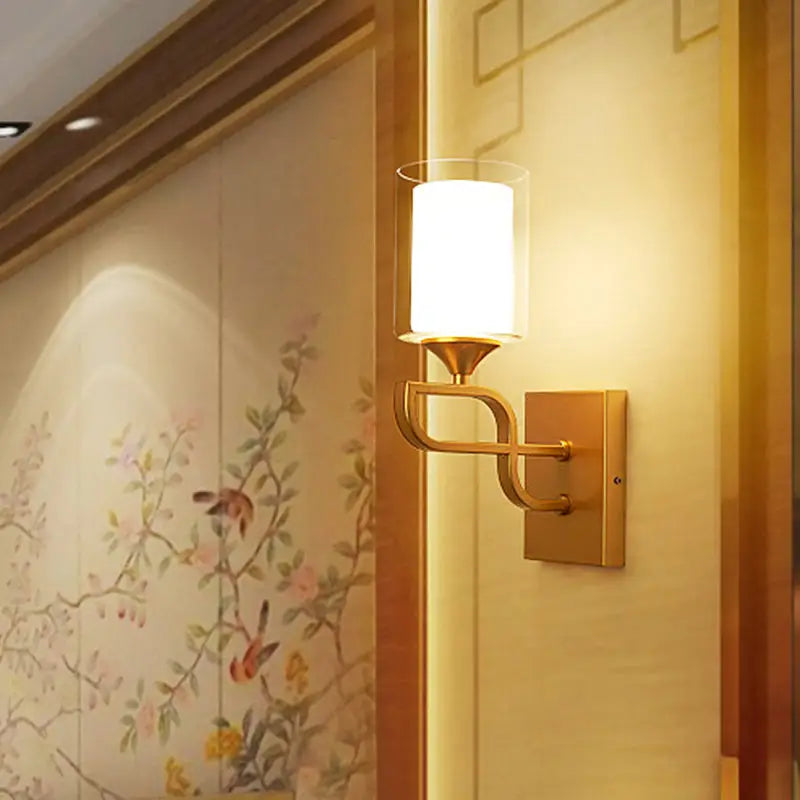 Contemporary gold armed sconce light bedroom opal glass shade