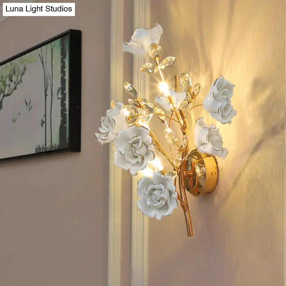 Contemporary gold crystal wall lamp bedroom porcelain flower light fixture