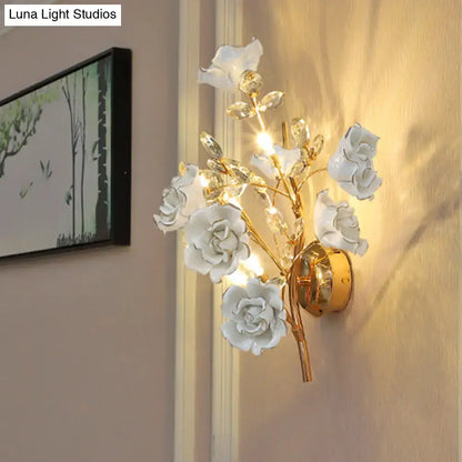 Contemporary gold crystal wall lamp bedroom porcelain flower light fixture