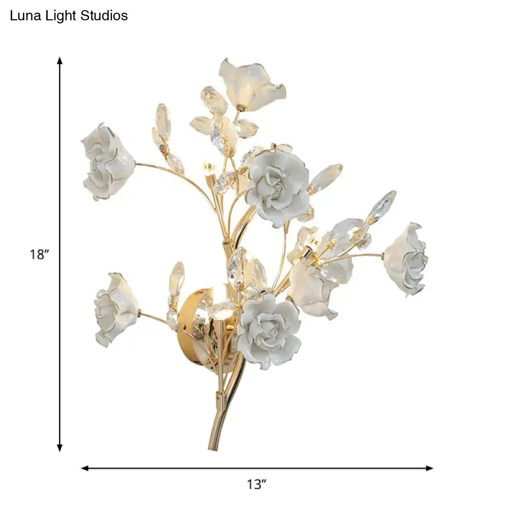 Contemporary gold crystal wall lamp bedroom porcelain flower light fixture