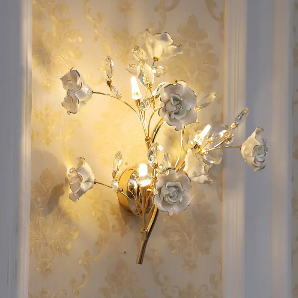 Contemporary gold crystal wall lamp bedroom porcelain flower light fixture