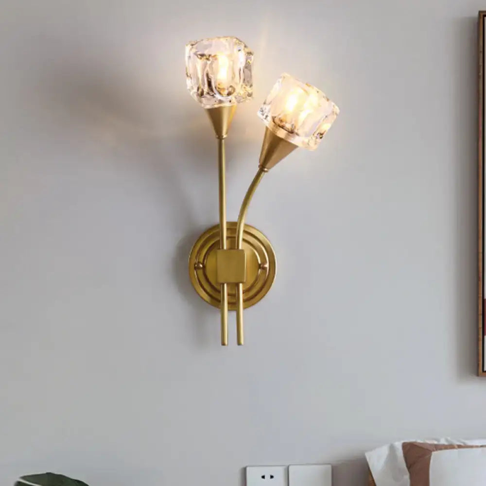 Contemporary gold cube clear crystal wall sconce – living room 110v-120v