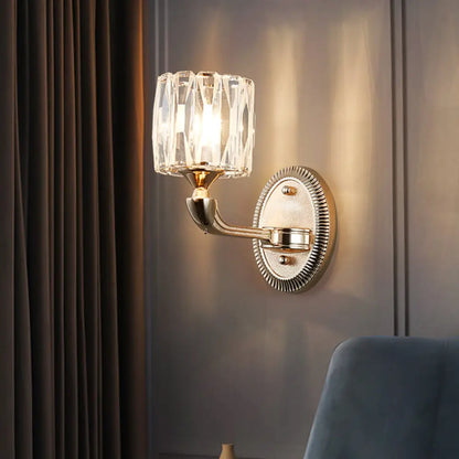 DecorBites™ Contemporary Gold Cylinder Crystal Wall Lamp - Beveled Cut, 1/2-Head Design - Stylish Living Room Wall Mount Light