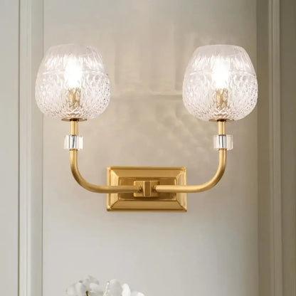 Contemporary gold dome foyer wall light with clear lattice glass