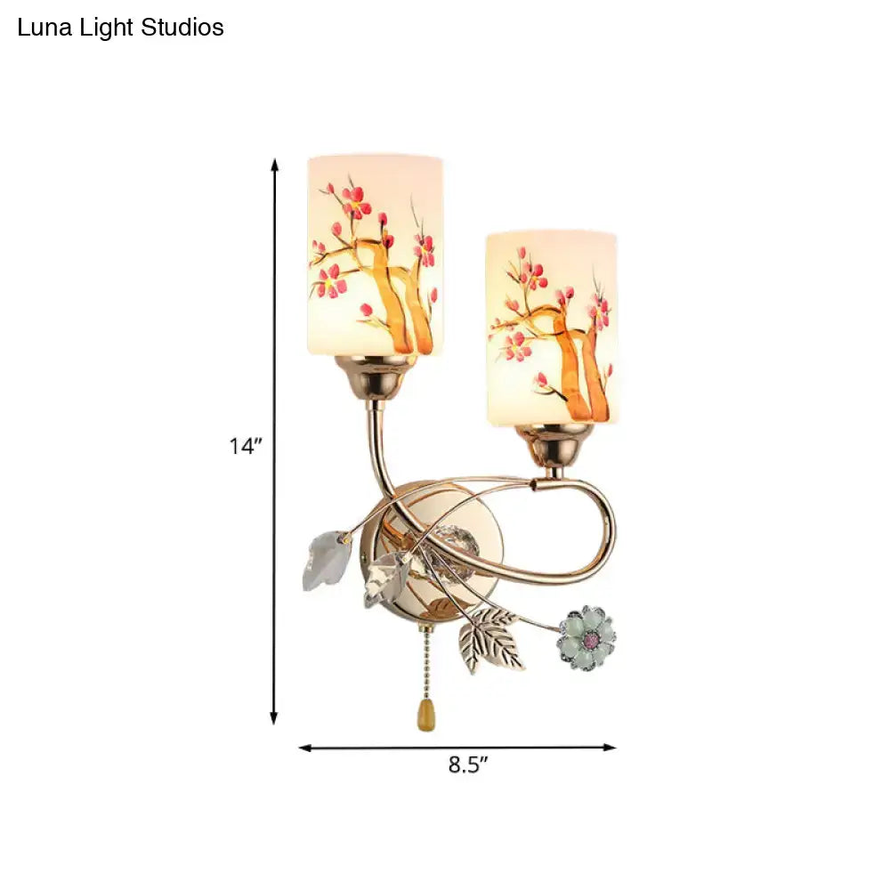 Contemporary gold finish cherry blossom wall lamp bedroom glass shade
