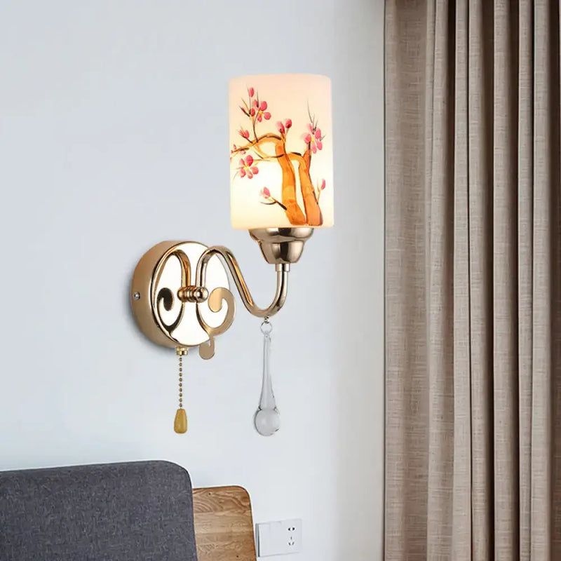 Contemporary gold finish cherry blossom wall lamp bedroom glass shade