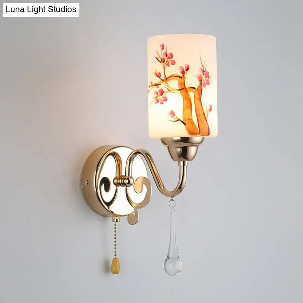 Contemporary gold finish cherry blossom wall lamp bedroom glass shade