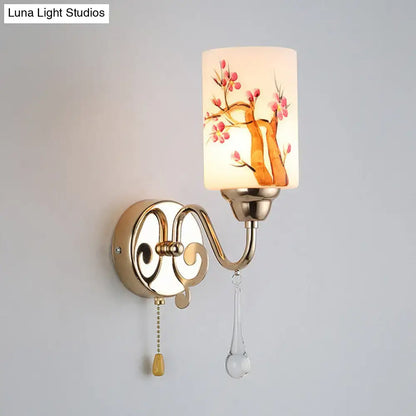 Contemporary gold finish cherry blossom wall lamp bedroom glass shade