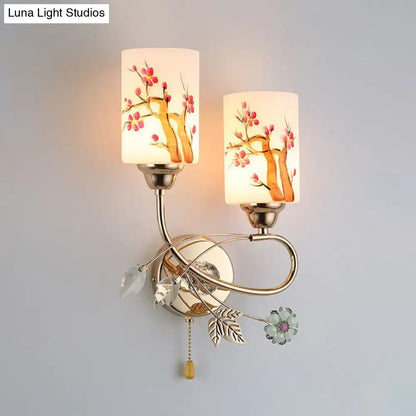 Contemporary gold finish cherry blossom wall lamp bedroom glass shade