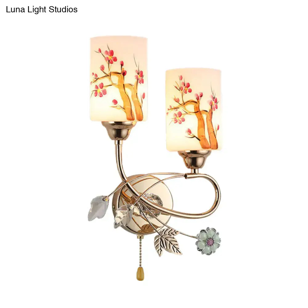 Contemporary gold finish cherry blossom wall lamp bedroom glass shade
