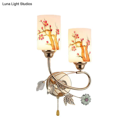 Contemporary gold finish cherry blossom wall lamp bedroom glass shade