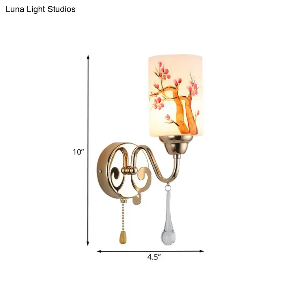 Contemporary gold finish cherry blossom wall lamp bedroom glass shade