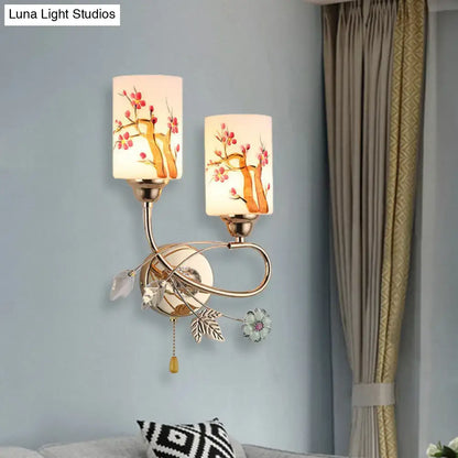 Contemporary gold finish cherry blossom wall lamp bedroom glass shade