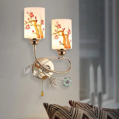 Contemporary gold finish cherry blossom wall lamp bedroom glass shade