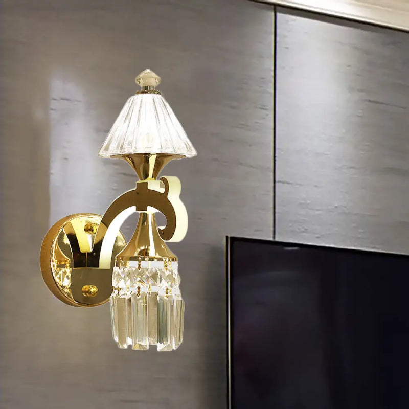 DecorBites™ Contemporary Gold Finish Conic Wall Sconce with Crystal Draping - Metal Mount Light
