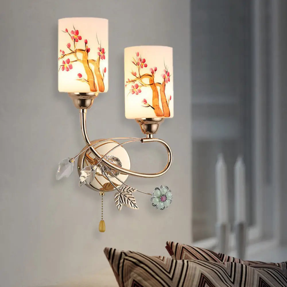 DecorBites™ Contemporary Gold Finish Wall Lamp with Cream Glass Shade & Pull Chain