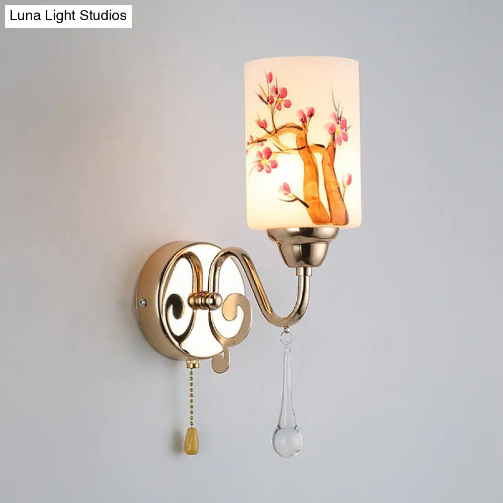 DecorBites™ Contemporary Gold Finish Wall Lamp with Cream Glass Shade & Pull Chain