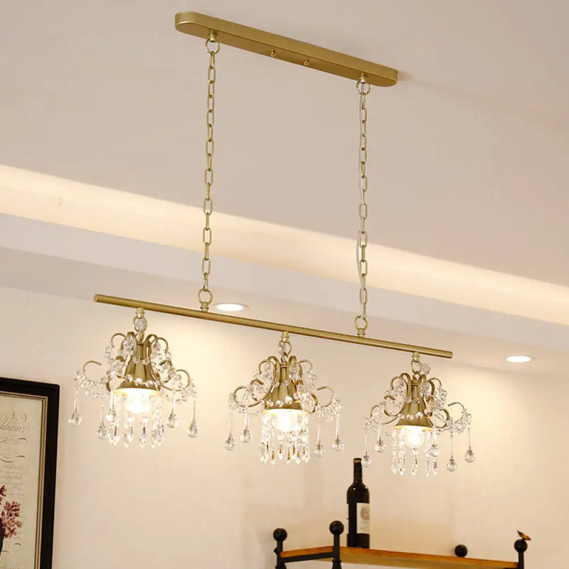 DecorBites™ Contemporary Gold Island Chandelier with Crystal Raindrop Accents - 3 Heads, Scroll Frame Design