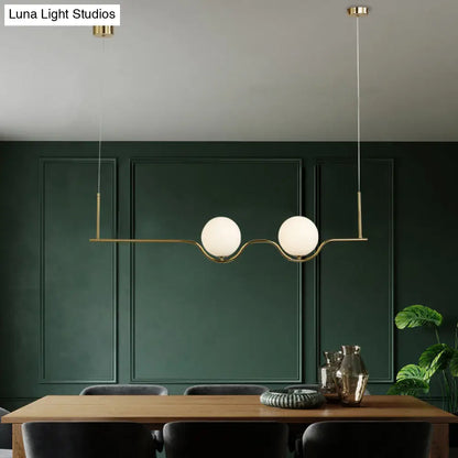 DecorBites™ Contemporary Gold Island Lamp with 2 Heads, Spherical White Glass Shade – Dining Room Hanging Light Kit