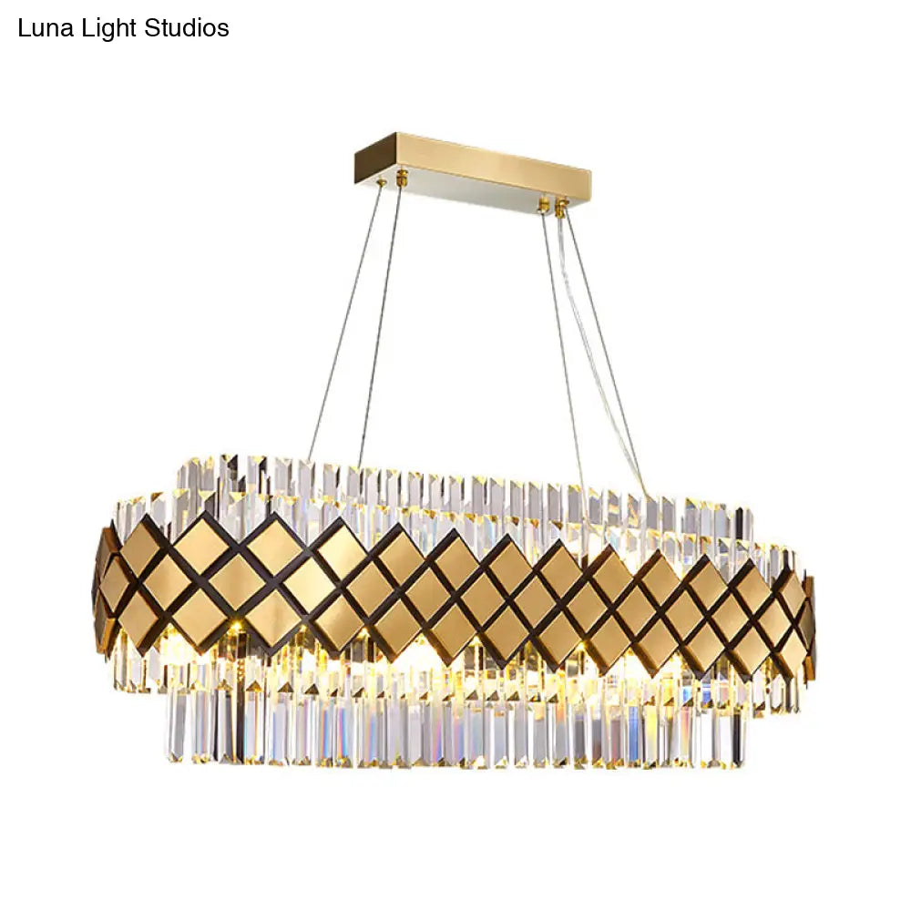 DecorBites™ Contemporary Gold Pendant - Crystal Block Oval Island Light with 16-Light Dining Room Illumination and Lattice Frame