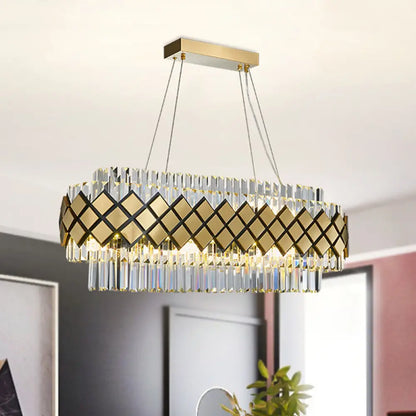 DecorBites™ Contemporary Gold Pendant - Crystal Block Oval Island Light with 16-Light Dining Room Illumination and Lattice Frame