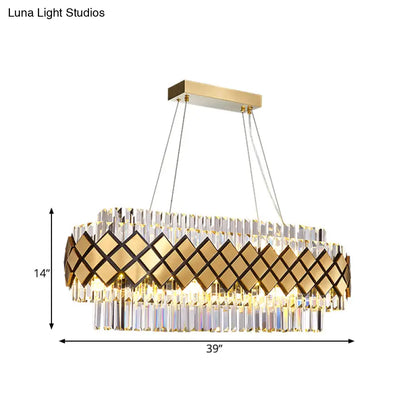 DecorBites™ Contemporary Gold Pendant - Crystal Block Oval Island Light with 16-Light Dining Room Illumination and Lattice Frame