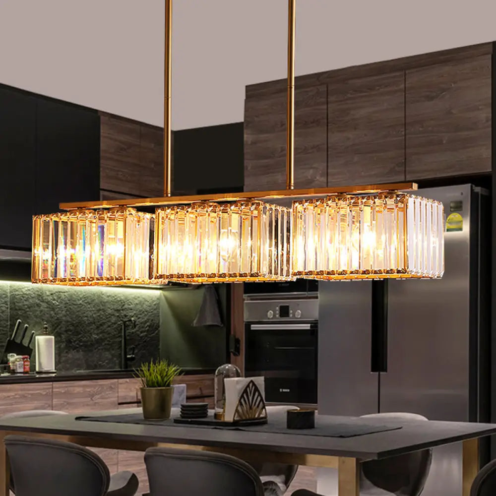 DecorBites™ Contemporary Gold Pendant Lighting for Dining Room - Metal Linear Island Lamp with Clear Cuboid Crystal Shade