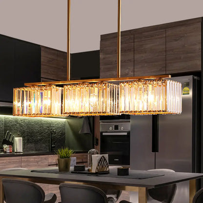 DecorBites™ Contemporary Gold Pendant Lighting for Dining Room - Metal Linear Island Lamp with Clear Cuboid Crystal Shade
