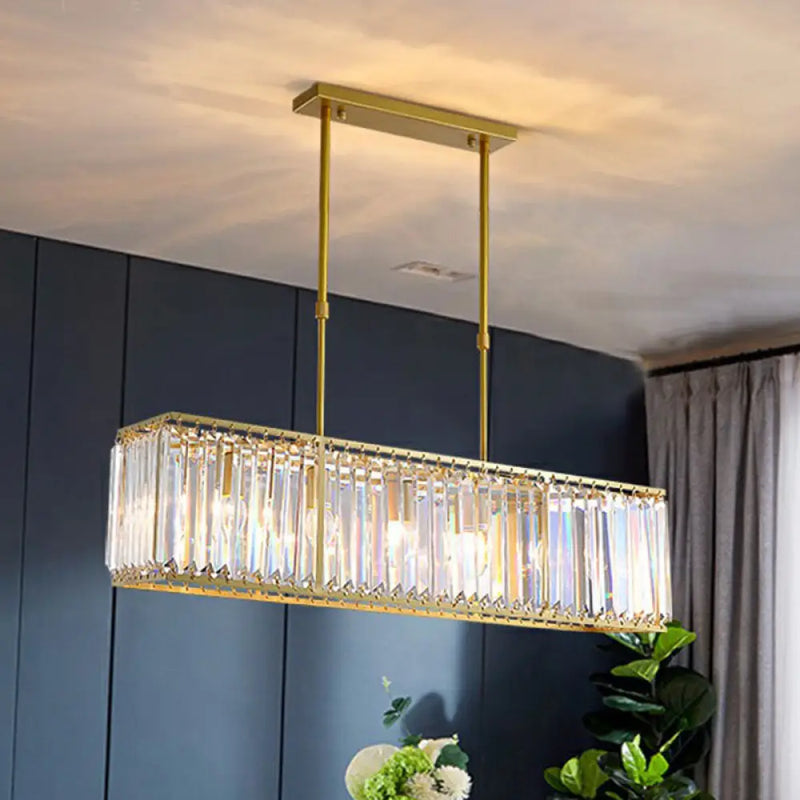 DecorBites™ Contemporary Gold Rectangular Island Pendant Light with Tri-Prism Crystal Accents - 3 Bulbs - Dining Room Ceiling Fixture