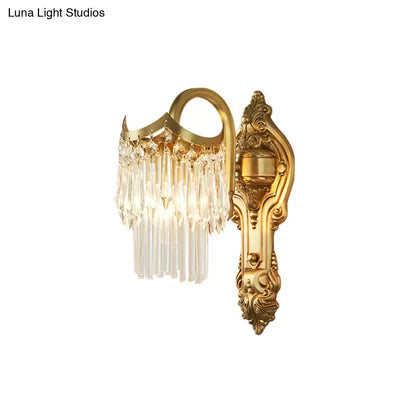 Contemporary gold wall lamp with clear crystal prism for corridor