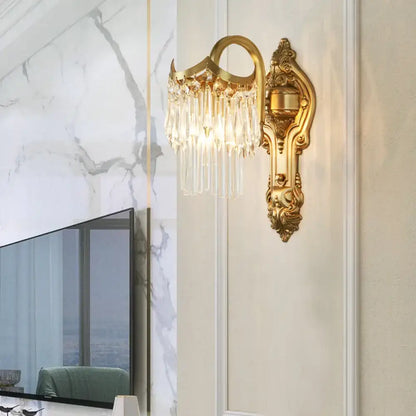 Contemporary gold wall lamp with clear crystal prism for corridor