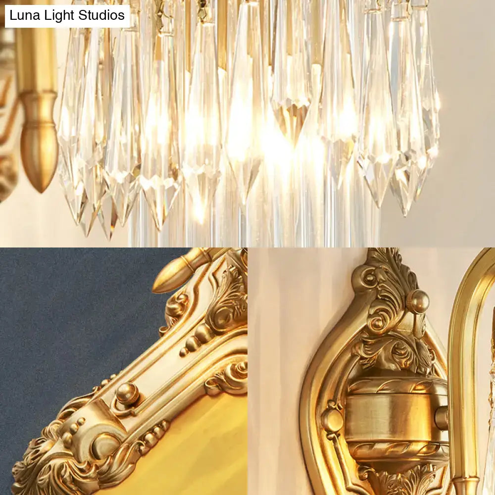 Contemporary gold wall lamp with clear crystal prism for corridor