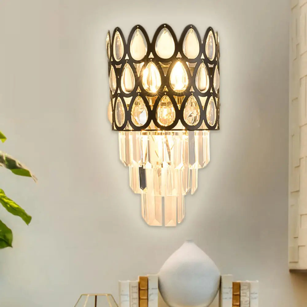 DecorBites™ Contemporary Grid Wall Mount Teardrop Crystal Light - 3 Lights - Black/Gold Sconce Lamp Fixture