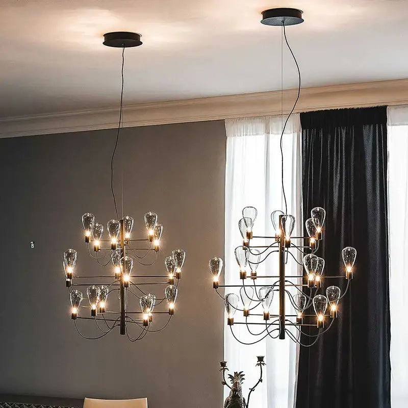 Contemporary iron glass chandelier – foyer tiered black metal light