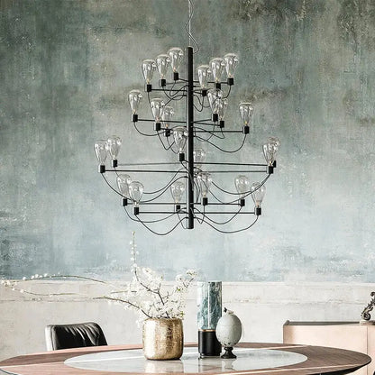 Contemporary iron glass chandelier – foyer tiered black metal light