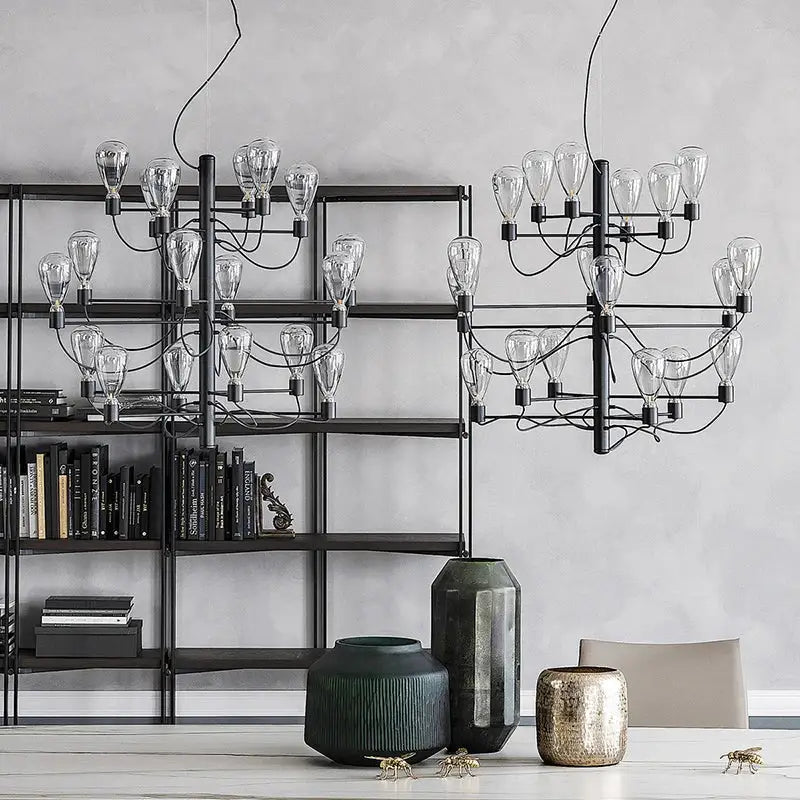 Contemporary iron glass chandelier – foyer tiered black metal light