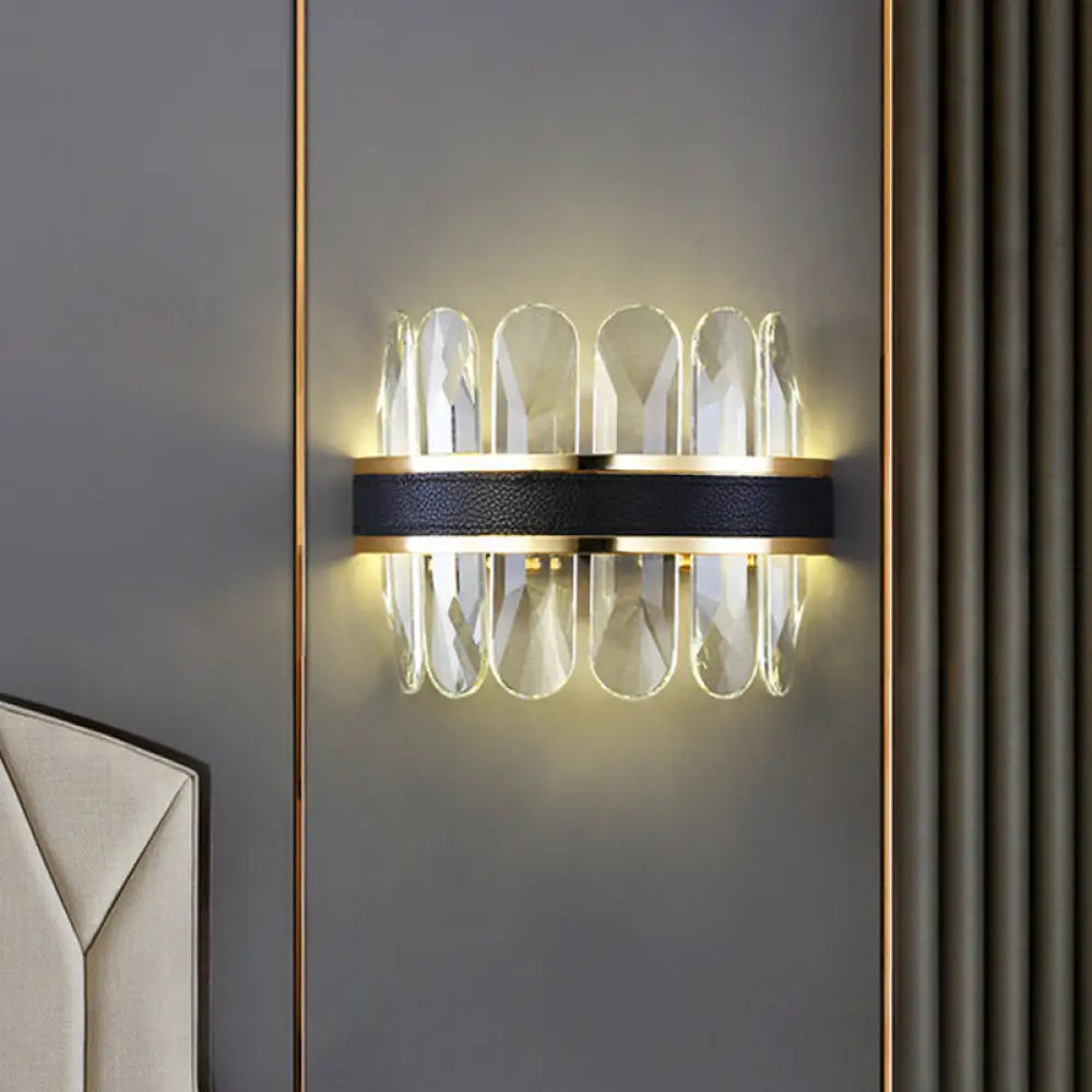 DecorBites™ Contemporary LED Wall Sconce in Black - Clear Rectangle-Cut Crystal Half Cylinder Design for Bedside