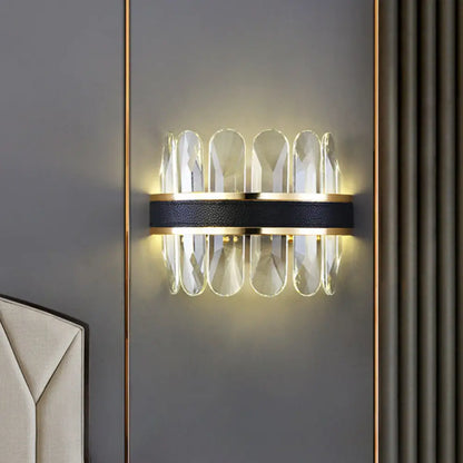 DecorBites™ Contemporary LED Wall Sconce in Black - Clear Rectangle-Cut Crystal Half Cylinder Design for Bedside