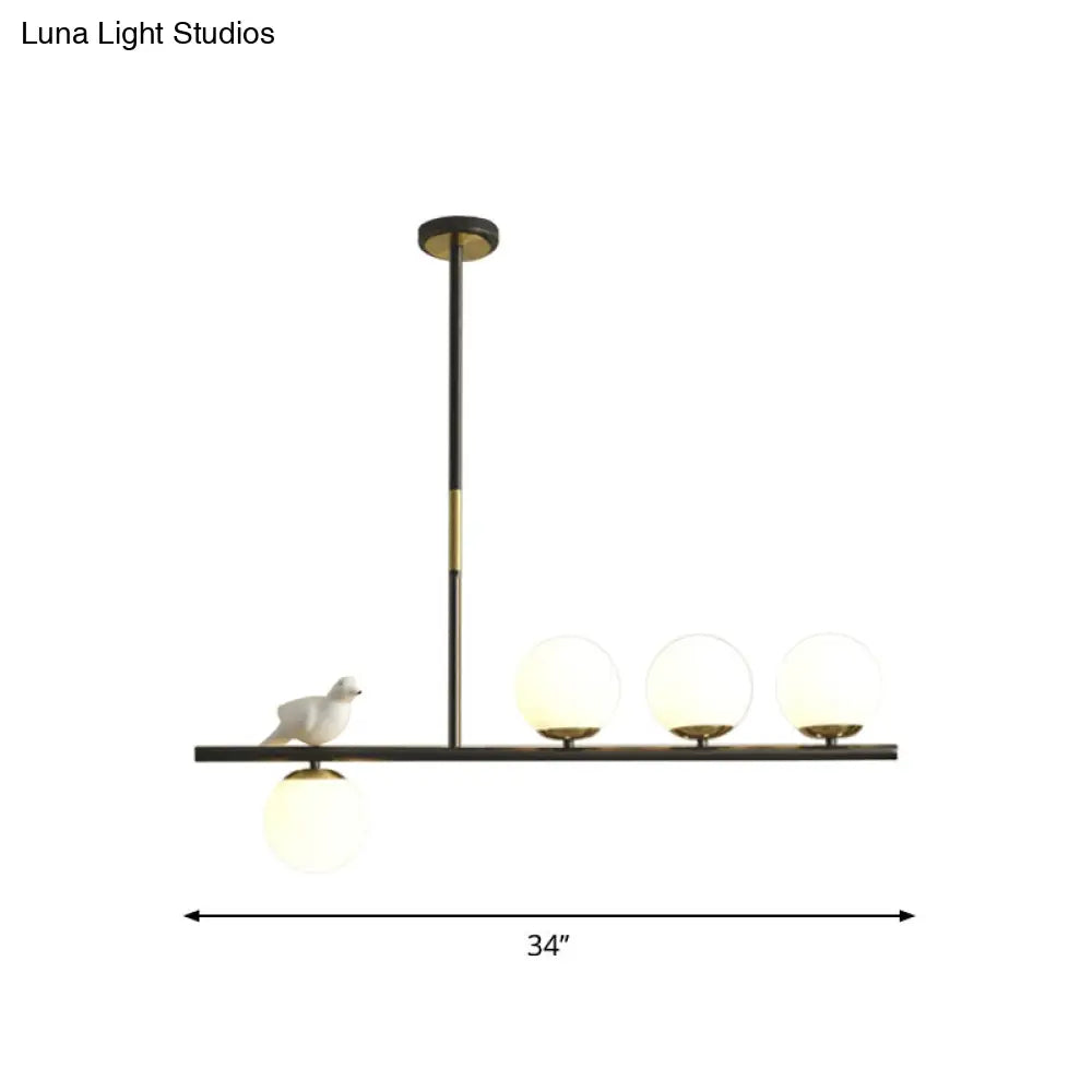 DecorBites™ Contemporary Linear/Branch Dining Room Island Lamp - Cream Glass Ball, 4 Heads, Hanging Pendant with Bird Deco (Black-Gold)