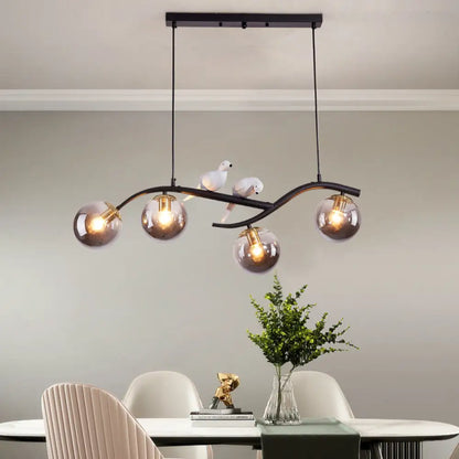 DecorBites™ Contemporary Metal Branch Hanging Lamp Island Pendant - 4-Light Black/Gold with Bird Deco and Smoke Grey/Cognac Glass Shade