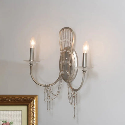 DecorBites™ Contemporary Metallic Candelabra Wall Light Sconce - 2-Light Crystal Bedroom Lighting - Nickel Finish with Curved Arm