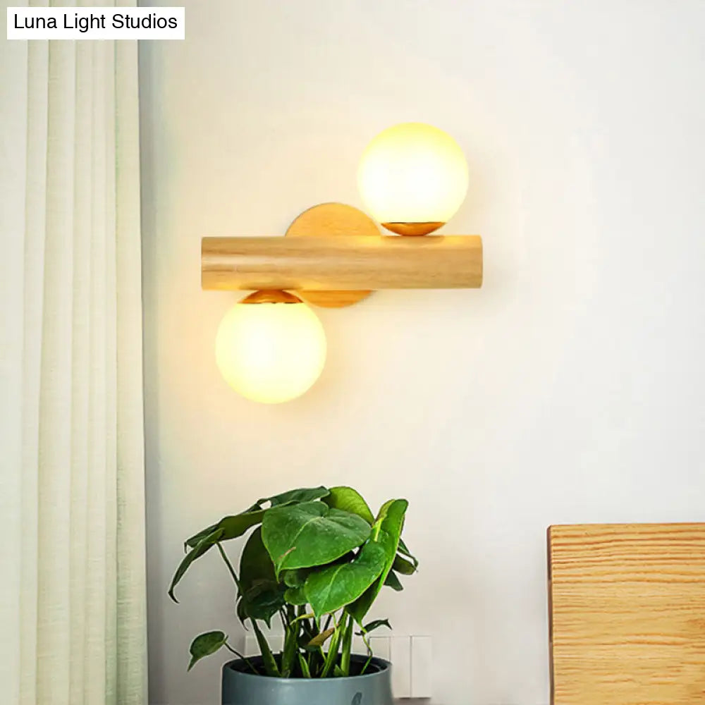 DecorBites™ Contemporary Milk Glass Wall Lamp with Wooden Base - 2 Lights in White for Bathroom